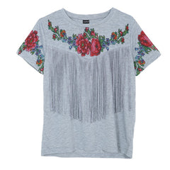 Women tassel floral print T shirt | vintage red rose tees O neck short sleeve shirts