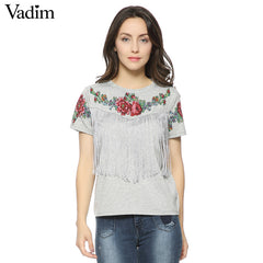 Women tassel floral print T shirt | vintage red rose tees O neck short sleeve shirts