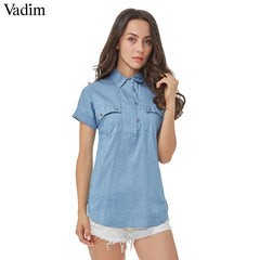 Women blue Denim long blouses | Classic turn down collar short sleeve shirts