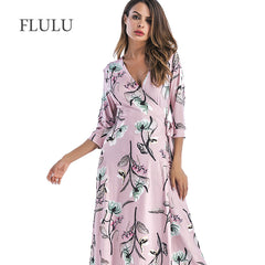 Floral Summer Women Dress 2018 | V-neck Seven-Point Sleeves Long Dress Female